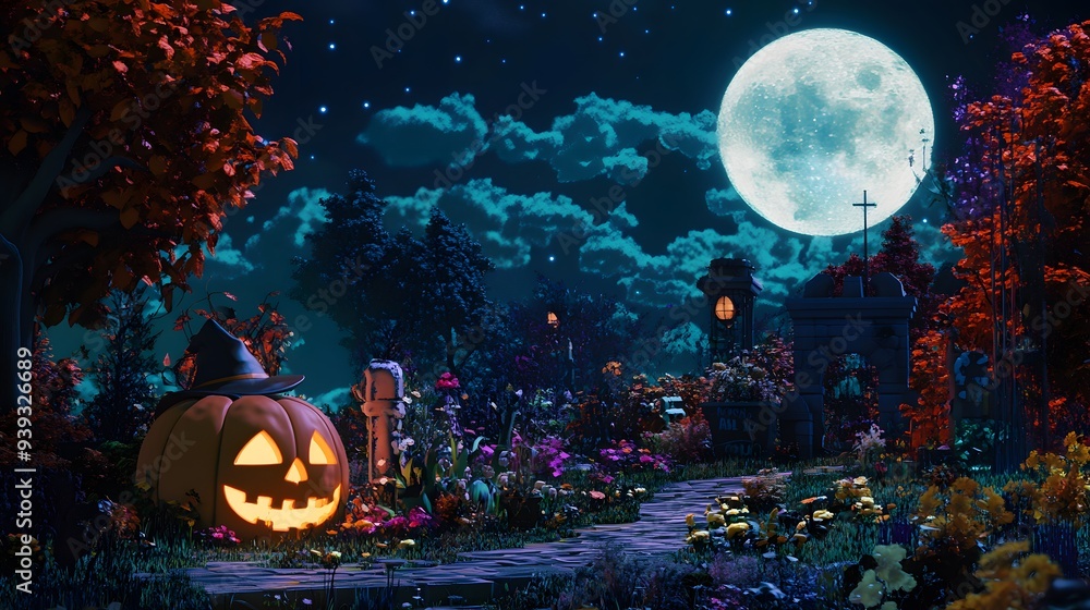 Spooktacular Halloween landscape with illuminated pumpkin, bats, and starry night sky Spooktacular Halloween landscape with illuminated pumpkin, bats, and starry night sky