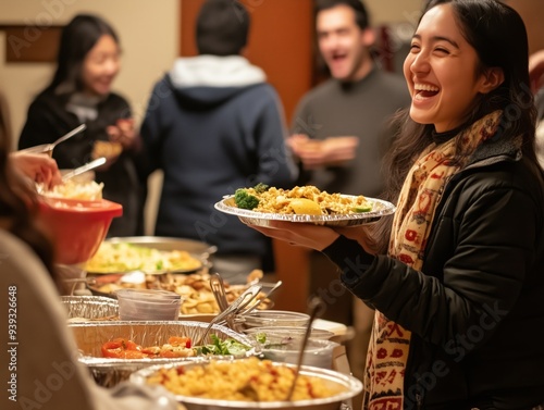 A joyful scene of people from various cultural backgrounds sharing food.