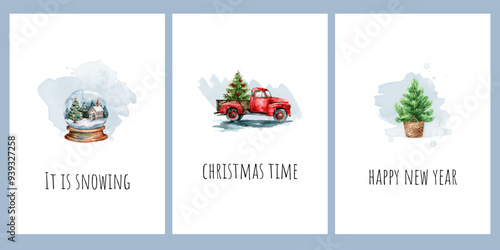 A set of Christmas cards with watercolor drawings and inscriptions. Merry Christmas and New Year cards. Template for postcards and invitations in watercolor style. Vector illustration.