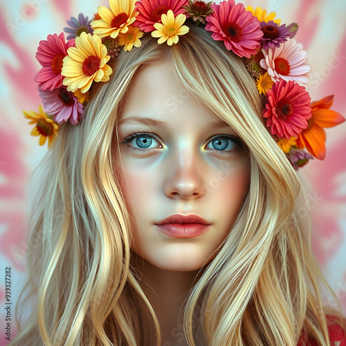 Flower Girl. Portrait of a blond 1960s hippie girl with long, flowing hair adorned with a variety of colorful flowers.