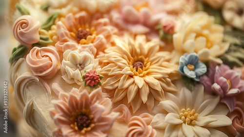 A close up of perfectly frosted cake with floral decorations, highlighting the artistry in baking.