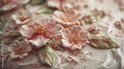 A close up of perfectly frosted cake with floral decorations, highlighting the artistry in baking.