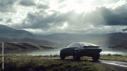 Futuristic SUV in Desert Sunset with Dramatic Lighting photo