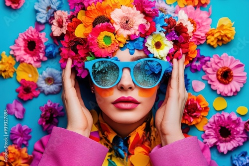 This vibrant image features a woman with a floral headdress and blue sunglasses, dressed in colorful attire, posing against a bright blue background, radiating energy and creativity.
