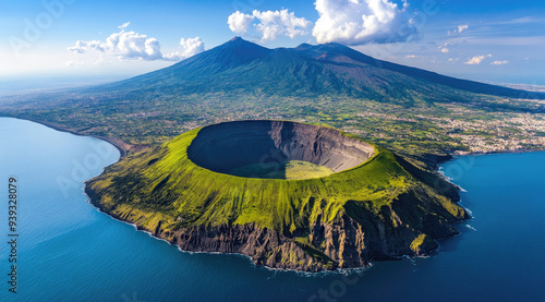 Aerial view of the Vesuvius volcano in Naples, Italy, with a green island and Mount Campi Flegrei at its base photo