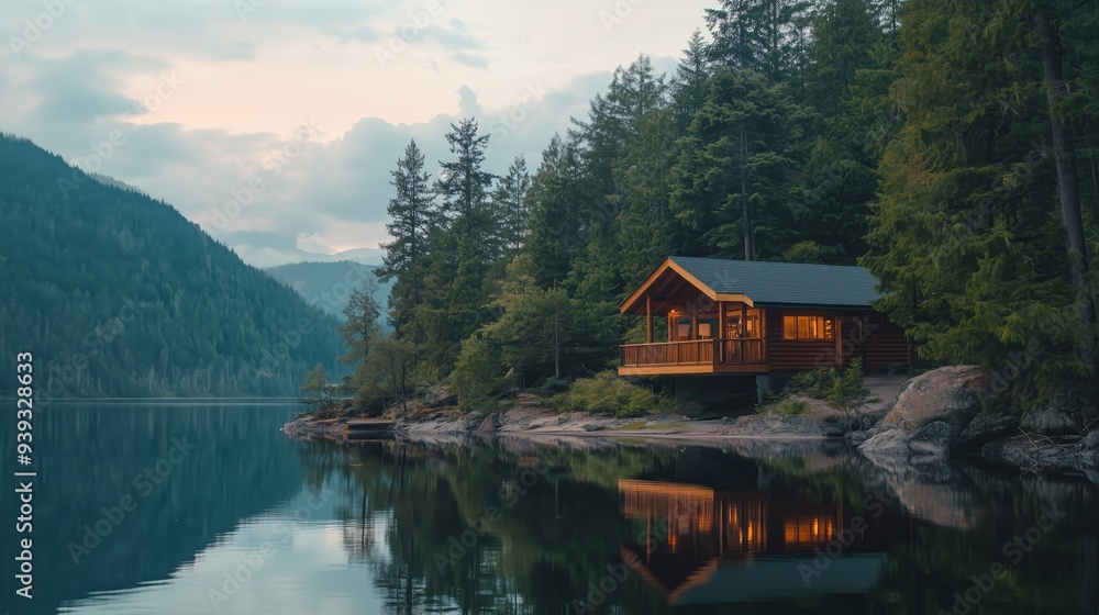 Obraz premium A cabin is on a lake with a view of mountains. The cabin is surrounded by trees and the water is calm.