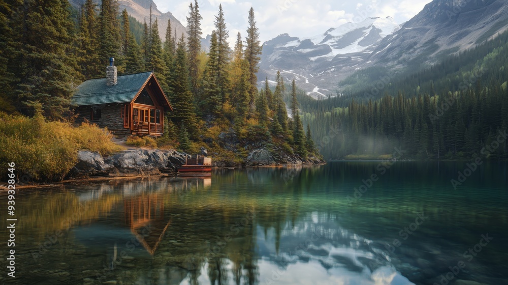 Fototapeta premium A cabin is on a lake with a view of mountains. The cabin is surrounded by trees and the water is calm.