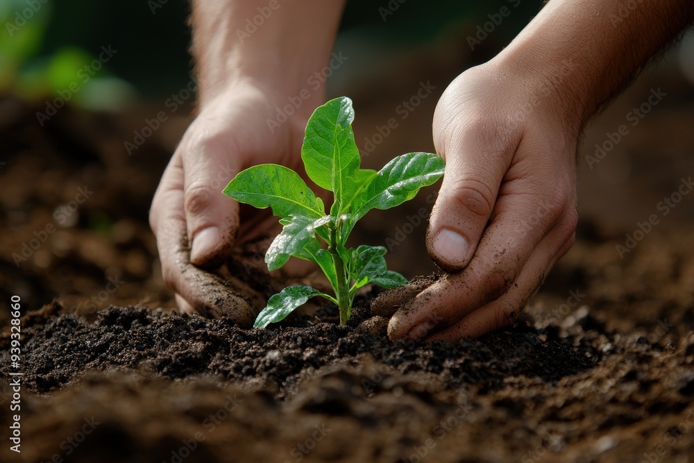 This close-up image showcases the detailed and nurturing act of a person planting a sapling in fertile soil, representing growth, care, and environmental responsibility. This close-up image showcases the detailed and nurturing act of a person planting a sapling in fertile soil, representing growth, care, and environmental responsibility.