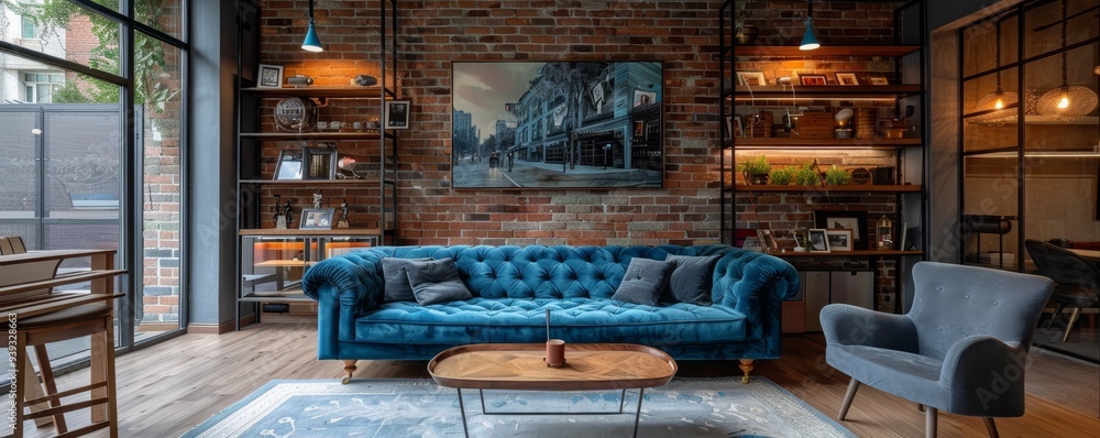 A Cozy Velvet Living Area Exuding Warmth with Brick Walls and Stylish Furniture for an Inviting Atmosphere A Cozy Velvet Living Area Exuding Warmth with Brick Walls and Stylish Furniture for an Inviting Atmosphere