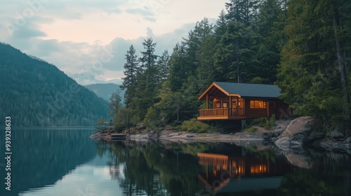 Fototapeta Naklejka Na Ścianę i Meble -  A cabin is on a lake with a view of mountains. The cabin is surrounded by trees and the water is calm.