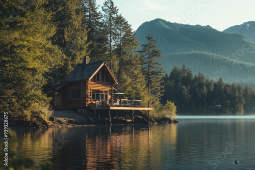 Fototapeta Naklejka Na Ścianę i Meble -  A cabin is on a lake with a view of mountains. The cabin is surrounded by trees and the water is calm.