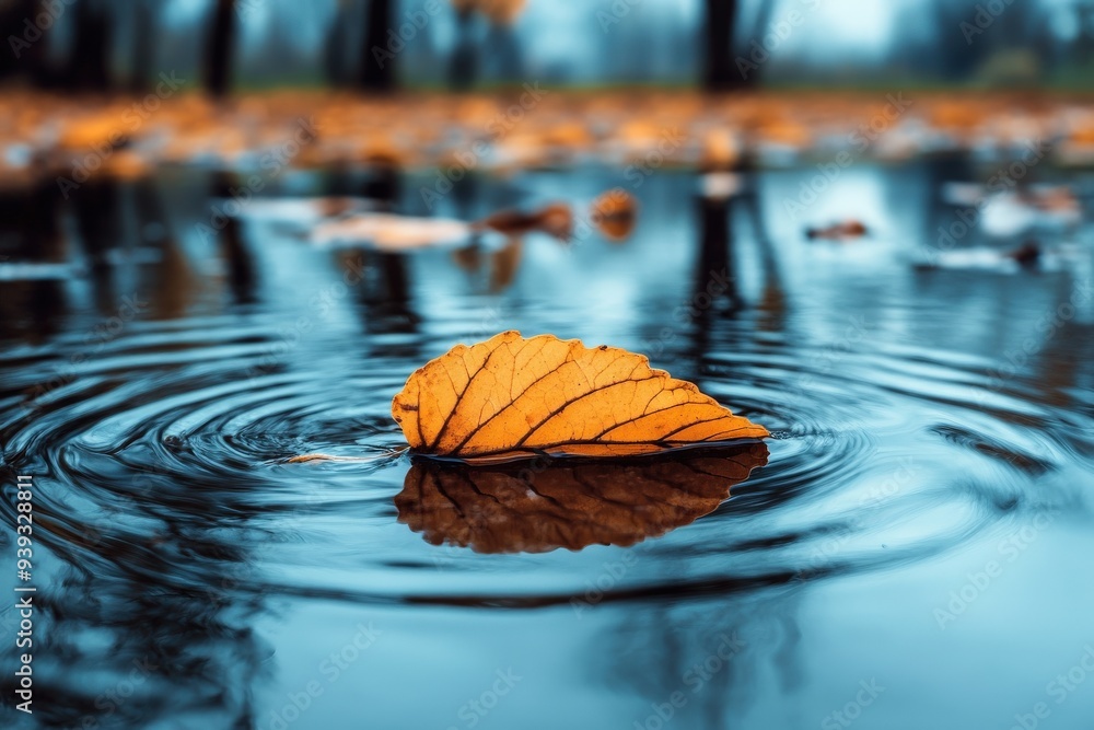 An orange leaf floating on still water, creating gentle ripples around it, evoking a sense of tranquility, reflection, and the beauty of nature in autumn. An orange leaf floating on still water, creating gentle ripples around it, evoking a sense of tranquility, reflection, and the beauty of nature in autumn.