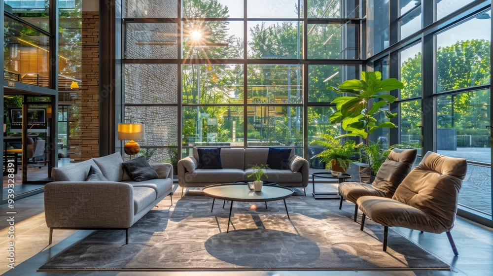A Sunlit Modern Living Space Filled with Plants and Comfort, Emphasizing Warmth and Contemporary Design Amidst Nature's Beauty A Sunlit Modern Living Space Filled with Plants and Comfort, Emphasizing Warmth and Contemporary Design Amidst Nature's Beauty