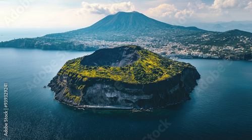 Aerial view of the Vesuvius volcano in Naples, Italy, with a green island and Mount Campi Flegrei at its base photo