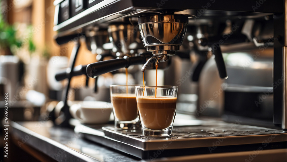 Espresso pouring from a coffee machine at a cafe Espresso pouring from a coffee machine at a cafe