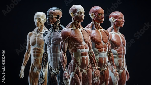 Muscular System with Skin Transparencies: A semi-transparent view of the human body, showing the muscular system beneath the skin for a detailed anatomical study. 