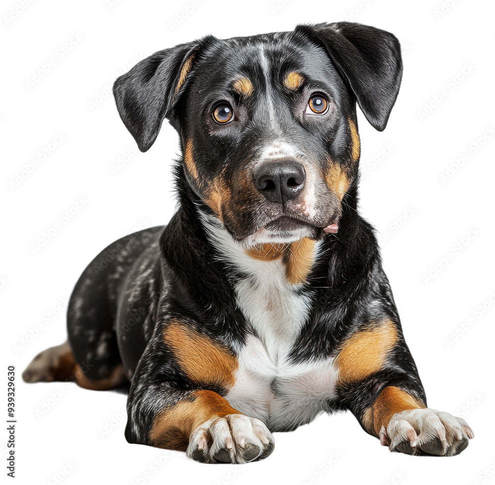 PNG A playful dog resting on a white background PNG A playful dog resting on a white background