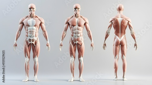 Muscular System with Skin Transparencies: A semi-transparent view of the human body, showing the muscular system beneath the skin for a detailed anatomical study. 