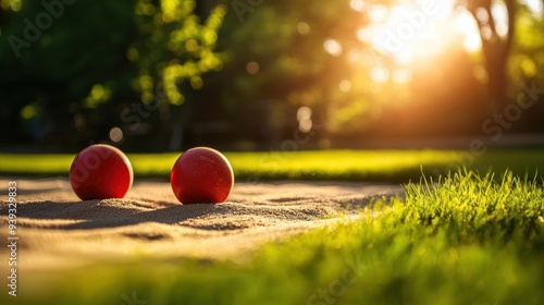 Two red bocce balls on a sand court at sunset. photo