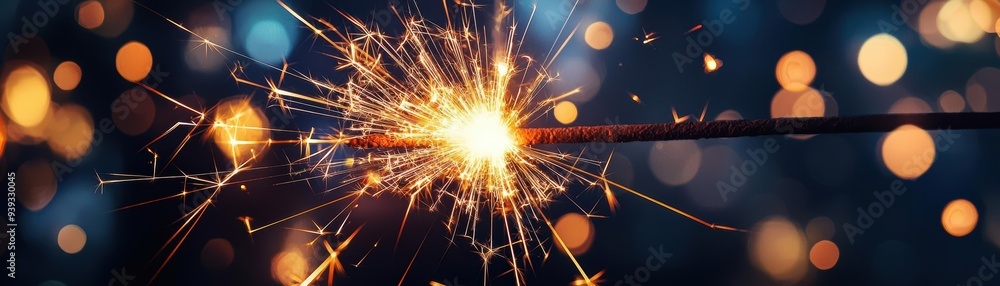 A closeup of a bright sparkler burning with intense, golden sparks flying in all directions, set against a dark night sky energetic and festive A closeup of a bright sparkler burning with intense, golden sparks flying in all directions, set against a dark night sky energetic and festive