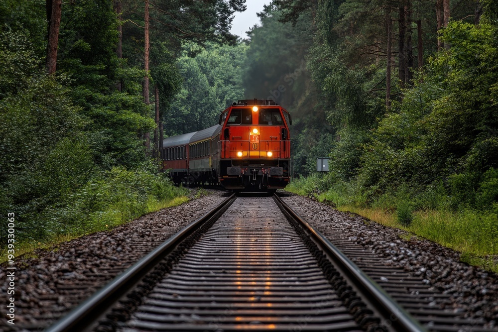 A red train travels along a forested railroad track, merging the industrial marvel with the lush natural surroundings, emphasizing motion and connectivity. A red train travels along a forested railroad track, merging the industrial marvel with the lush natural surroundings, emphasizing motion and connectivity.