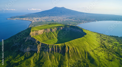 Aerial view of the Vesuvius volcano in Naples, Italy, with a green island and Mount Campi Flegrei at its base photo