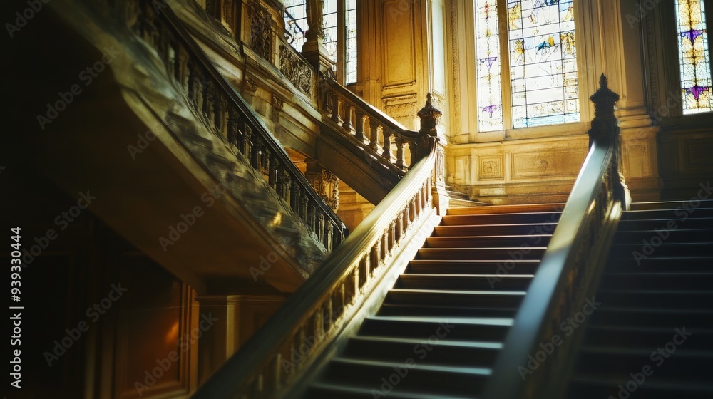 Obraz premium Elegant staircase in a grand mansion with ornate wooden railings and large stained glass windows, bathed in warm natural light.