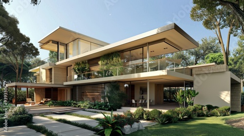 A luxurious modern two-story house with large glass windows surrounded by lush greenery and minimalist design, radiating elegance and tranquility.