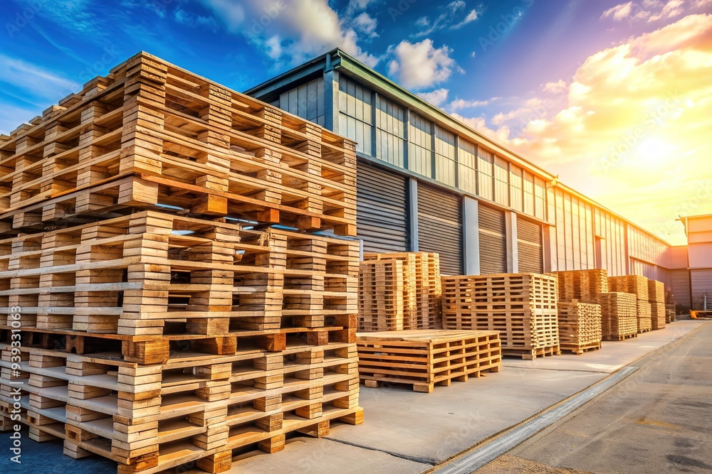 Wooden pallets stacked in organized rows in front of a large warehouse, with a blurred industrial background, in Tangerang, Indonesia on a sunny day. Wooden pallets stacked in organized rows in front of a large warehouse, with a blurred industrial background, in Tangerang, Indonesia on a sunny day.