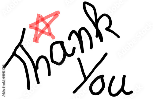 Thank you handwritten black calligraphy red star on white background.