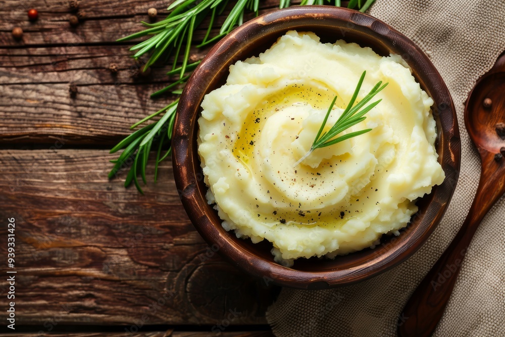 Rustic wooden table featuring a bowl of mashed potatoes topped with fresh rosemary, black pepper, and a drizzle of olive oil Rustic wooden table featuring a bowl of mashed potatoes topped with fresh rosemary, black pepper, and a drizzle of olive oil