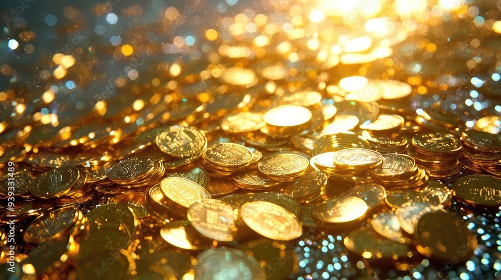 Shimmering gold coins scattered among a sparkling surface, creating a luxurious and rich atmosphere for various themes. Shimmering gold coins scattered among a sparkling surface, creating a luxurious and rich atmosphere for various themes.
