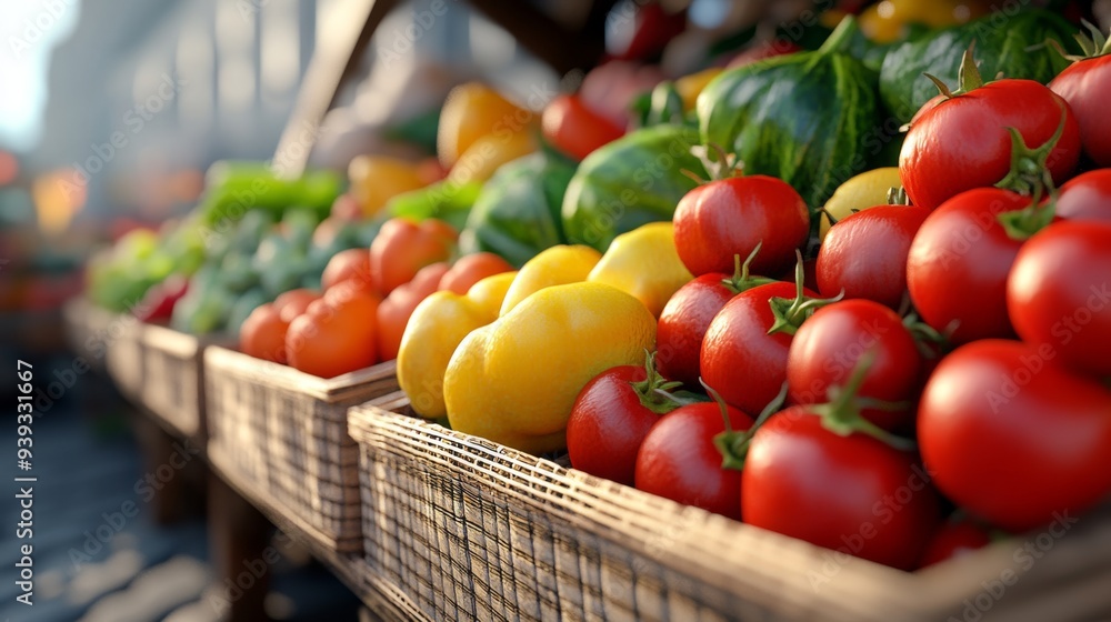 Fresh Tomatoes, Peppers, and Lemons in Baskets at a Farmers Market Fresh Tomatoes, Peppers, and Lemons in Baskets at a Farmers Market