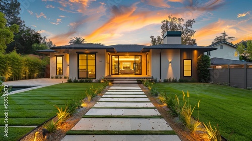 A modern one-story house set against a beautiful sunset, features lush landscaping and a clean walkway, perfectly blending elegance with nature's beauty. photo