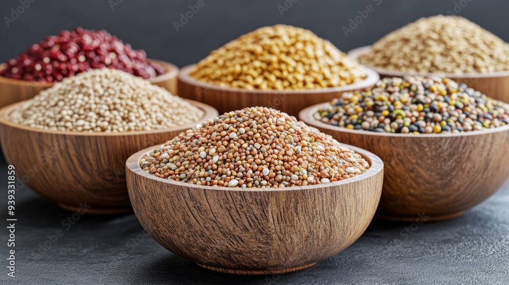 Variety of Grains in Wooden Bowls Variety of Grains in Wooden Bowls