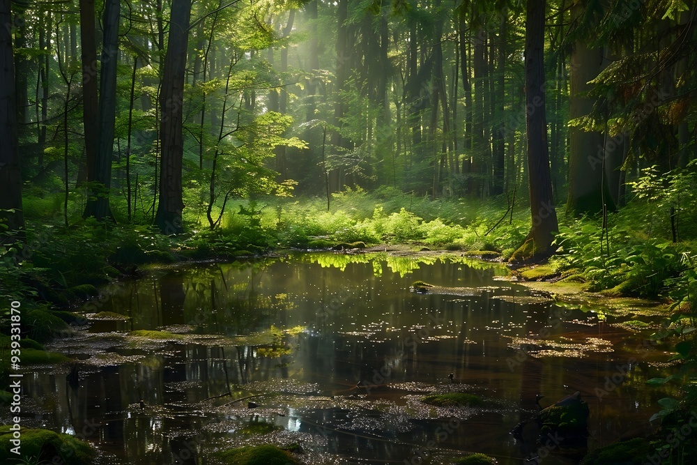 Obraz premium Beautiful green forest with a pond in the morning