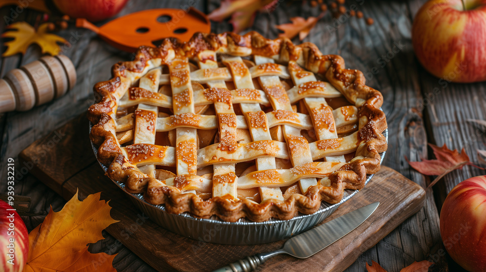 a freshly baked gluten-free apple pie, with a golden lattice crust, displayed on a rustic table with a vintage pie server and autumn leaves a freshly baked gluten-free apple pie, with a golden lattice crust, displayed on a rustic table with a vintage pie server and autumn leaves