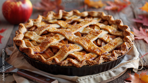 a freshly baked gluten-free apple pie, with a golden lattice crust, displayed on a rustic table with a vintage pie server and autumn leaves