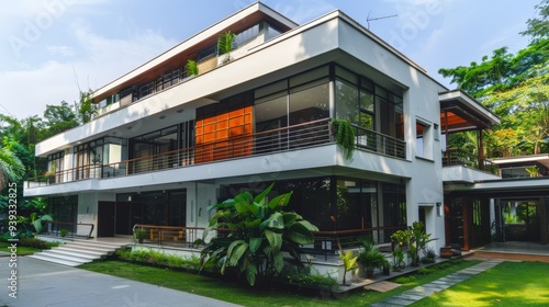 A spacious contemporary multi-story home with glass walls, vibrant surrounding greenery, and modern outdoor seating arrangement on the patio.