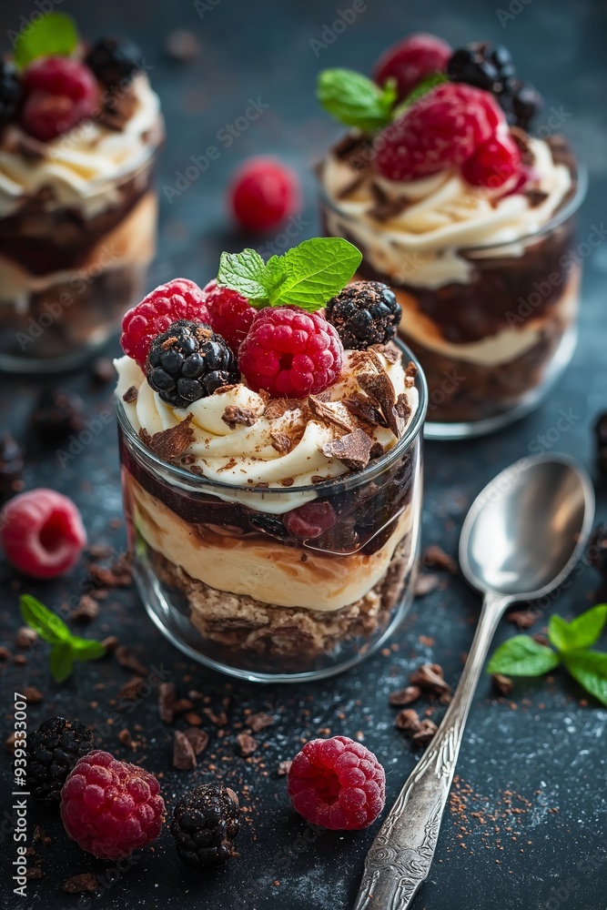 Three glass jars filled with layered desserts featuring creamy, chocolatey, and berry elements, garnished with fresh raspberries, blackberries, and mint. Three glass jars filled with layered desserts featuring creamy, chocolatey, and berry elements, garnished with fresh raspberries, blackberries, and mint.