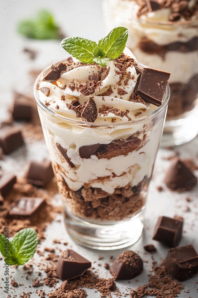 A delightful layered dessert in a glass, featuring whipped cream, chocolate chunks, and garnished with a mint sprig. A delightful layered dessert in a glass, featuring whipped cream, chocolate chunks, and garnished with a mint sprig.