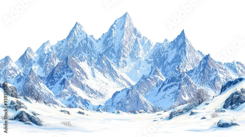 Stunning snow-covered mountains rise majestically, reflecting serene beauty and untouched wilderness in an exquisite winter landscape isolated on transparent background PNG