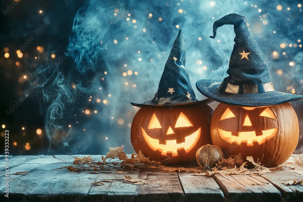 Fototapeta premium Two Jack-o'-lantern pumpkins wearing witch hats sitting on a wooden table with smoky and sparkly Halloween decor.
