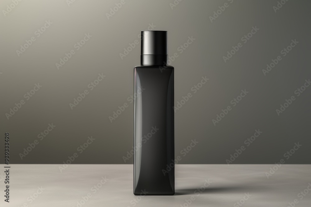 Elegant mockup of a simple black perfume bottle displayed on a podium against a neutral backdrop Elegant mockup of a simple black perfume bottle displayed on a podium against a neutral backdrop