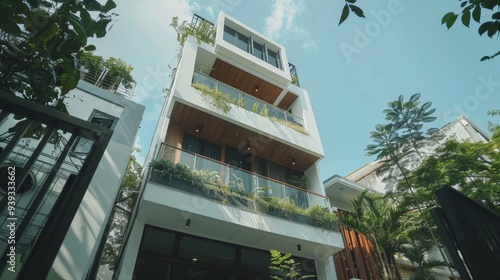 A modern four-story building featuring lush greenery on balconies, sleek architectural style, and clear blue sky background. photo