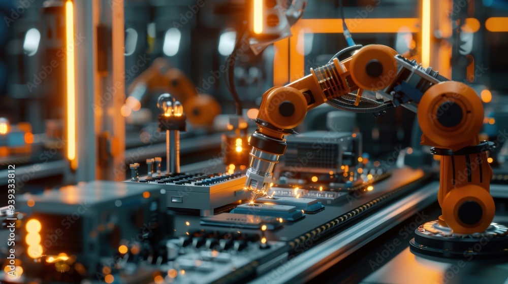 Fototapeta premium A robotic arm assembling electronics in a high-tech, automated factory with glowing machinery