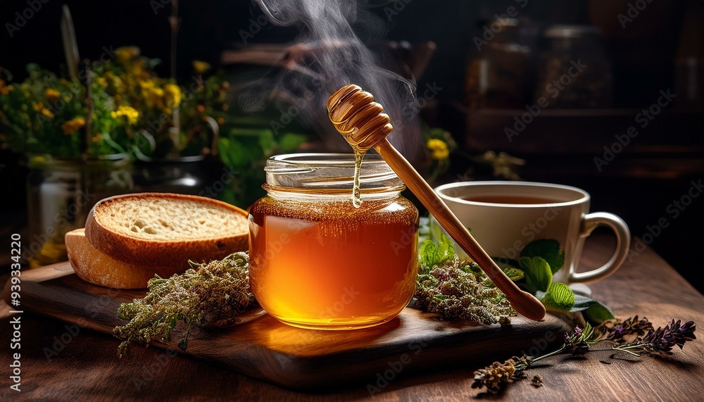 Honey jar placed on a rustic wooden table, with a honey dipper dripping - national honey month celebration Honey jar placed on a rustic wooden table, with a honey dipper dripping - national honey month celebration