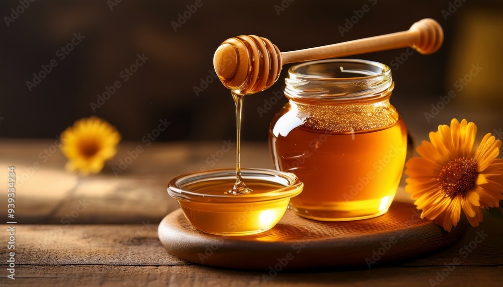 Honey jar placed on a rustic wooden table, with a honey dipper dripping - national honey month celebration Honey jar placed on a rustic wooden table, with a honey dipper dripping - national honey month celebration