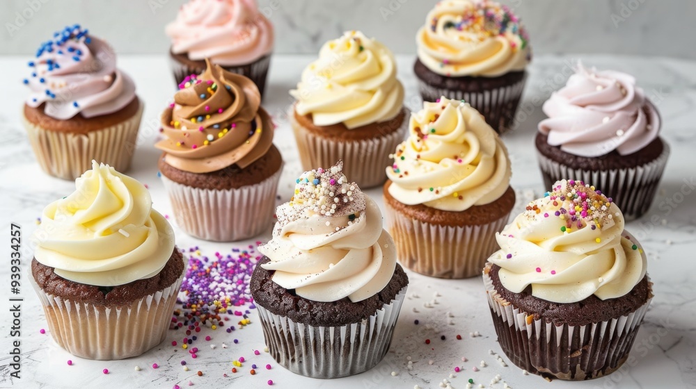 A selection of artisanal cupcakes with swirls of buttercream frosting and decorative sprinkles A selection of artisanal cupcakes with swirls of buttercream frosting and decorative sprinkles