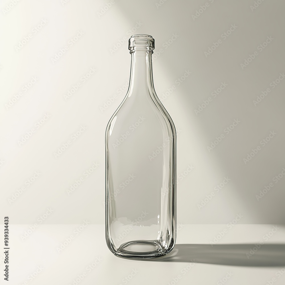 Fototapeta premium Empty glass bottle with a clear body and a closed cap on a white background.
